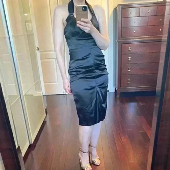 Le Chateau Cocktail Evening Dress Black Satin Halter Neck Bodycon Ruched Small - Picture 14 of 16